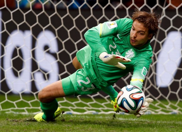 Goalkeeper Tim Krul of the Netherlands saves the first penalty shot by Costa Rica's Bryan Ruiz during a penalty shootout in their 2014 World Cup quarter-finals at the Fonte Nova arena in Salvador