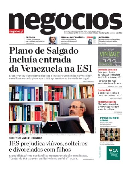 Primera página del Jornal de Negócios de hoy