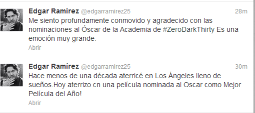 Así reaccionó Edgar Ramírez por la nominación al Oscar de “Zero Dark Thirty” (Tuits)