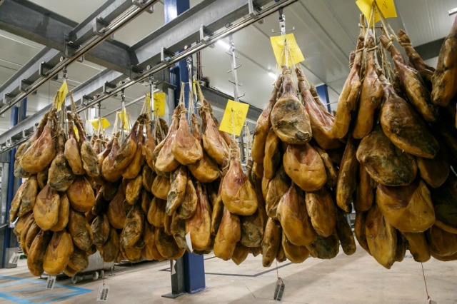 Una imagen tomada el 2 de junio el año 2016 muestra el jamón que cuelga en una línea de producción de la fábrica de Navidul en Burgos. CESAR MANSO / AFP