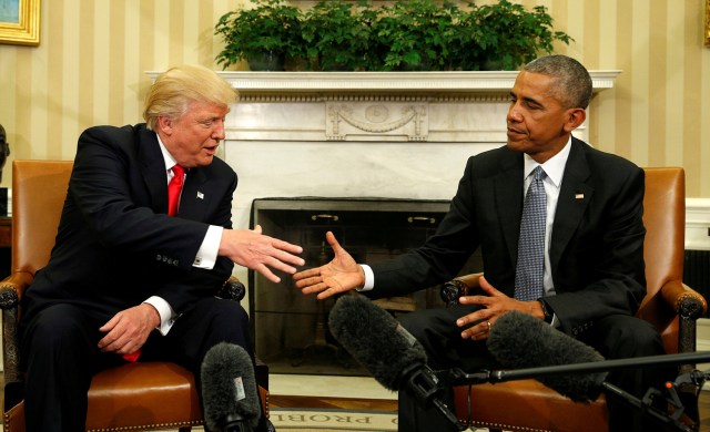 FILE PHOTO - U.S. President Barack Obama meets with President-elect Donald Trump in the Oval Office of the White House in Washington November 10, 2016. REUTERS/Kevin Lamarque/File Photo REUTERS PICTURES OF THE YEAR 2016 - SEARCH 'POY 2016' TO FIND ALL IMAGES