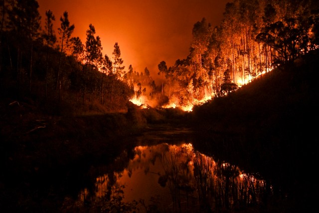 A wildfire is reflected in a stream at Penela, Coimbra, central Portugal, on June 18, 2017.  A wildfire in central Portugal killed at least 25 people and injured 16 others, most of them burning to death in their cars, the government said on June 18, 2017. Several hundred firefighters and 160 vehicles were dispatched late on June 17 to tackle the blaze, which broke out in the afternoon in the municipality of Pedrogao Grande before spreading fast across several fronts.  / AFP PHOTO / PATRICIA DE MELO MOREIRA