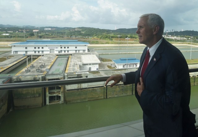 US' Vice President Mike Pence is pictured during his visit to the Panama Canal's Cocoli locks, in Panama City on August 17, 2017.  Pence is in a one-day visit to Panama as part of his first tour in Latin America. / AFP PHOTO / RODRIGO ARANGUA