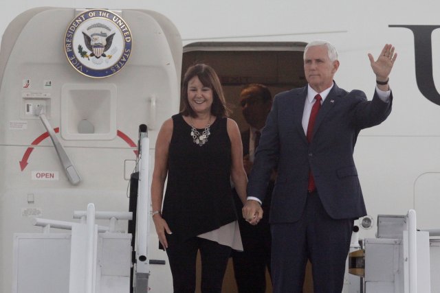 U.S. Vice President Mike Pence and his wife Karen arrive to the Tocumen international airport in Panama City, Panama, August 17, 2017. REUTERS/Carlos Lemos