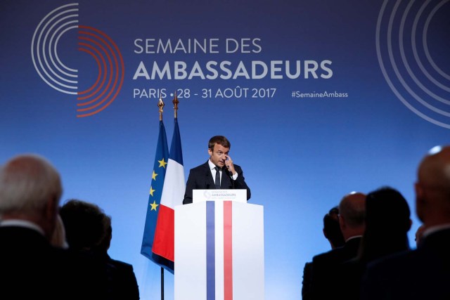 French President Emmanuel Macron addresses a speech during the annual gathering of French Ambassadors at the Elysee Palace in Paris, France, August 29, 2017. REUTERS/Yoan Valat/Pool