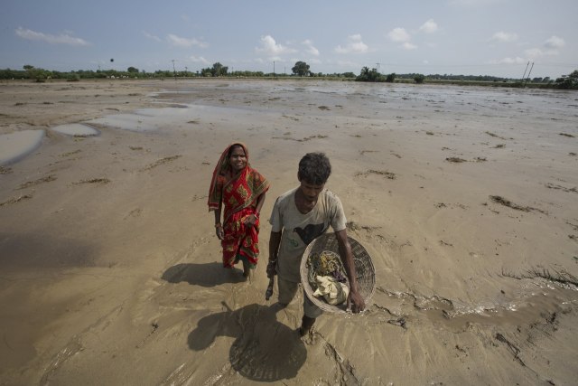 PG02 SAPTARI (NEPAL) 14/08/2017.- Dos granjeros caminan sobre el arrozal destruído por las inundaciones en el distrito de Saptari (Nepal) hoy, 14 de agosto de 2017. Según fuentes gubernamentales, al menos 66 personas han fallecido, 50 siguen desaparecidas y otras miles se han visto afectadas por las fuertes lluvias de estos últimos tres días. EFE/Narendra Shrestha