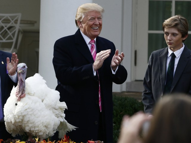 U.S. President Donald Trump laughs and applauds as he participates in the 70th National Thanksgiving turkey pardoning ceremony with his son Barron in the Rose Garden of the White House in Washington, U.S., November 21, 2017. REUTERS/Jim Bourg