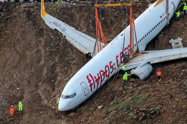 A photo made available by the Dogan News Agency shows technicians looking on as cranes lift the Pegasus airplane on January 18, 2018, days after it skidded off the runway just metres away from the sea after it landed at Trabzon's airport in northern Turkey. The Turkish passenger plane that plunged off a runway onto a cliff precariously close to the sea suddenly turned after a surge of power in one of its engines, pilots told investigators. The Pegasus Airlines Boeing 737-800 plane had landed normally at Trabzon airport late on January 13 on a flight from Ankara, but then went off the runway just metres (feet) from the waters of the Black Sea with its wheels stuck in mud. / AFP PHOTO / DOGAN NEWS AGENCY / HO / Turkey OUT