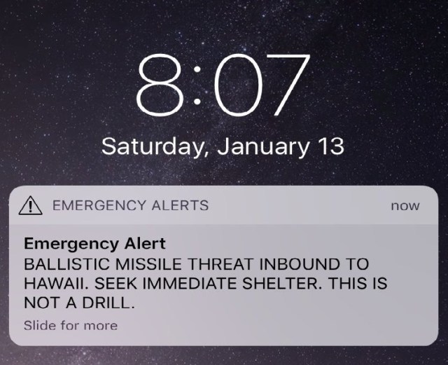 A screen capture from the Twitter account of Congresswoman Tulsi Gabbard (D-HI) shows a missile warning for Hawaii in this image taken from social media.  Tulsi Gabbard/via REUTERS  ATTENTION EDITORS - THIS IMAGE WAS PROVIDED BY A THIRD PARTY. MANDATORY CREDIT.  NO RESALES. NO ARCHIVES.
