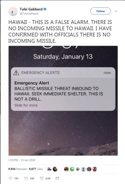 A screen capture from the Twitter account of Congresswoman Tulsi Gabbard (D-HI) shows a missile warning for Hawaii in this image taken from social media.  Tulsi Gabbard/via REUTERS  ATTENTION EDITORS - THIS IMAGE WAS PROVIDED BY A THIRD PARTY. MANDATORY CREDIT. NO RESALES. NO ARCHIVES