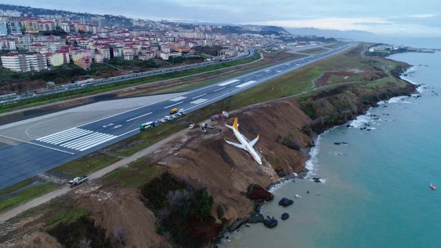 A Pegasus Airlines aircraft is pictured after it skidded off the runway at Trabzon airport by the Black Sea in Trabzon, Turkey, January 14, 2018. Ihlas News Agency (IHA) via REUTERS ATTENTION EDITORS - THIS PICTURE WAS PROVIDED BY A THIRD PARTY. NO RESALES. NO ARCHIVE. TURKEY OUT. NO COMMERCIAL OR EDITORIAL SALES IN TURKEY.