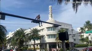 Arrestaron a un hombre por subirse a un semáforo en Miami Beach