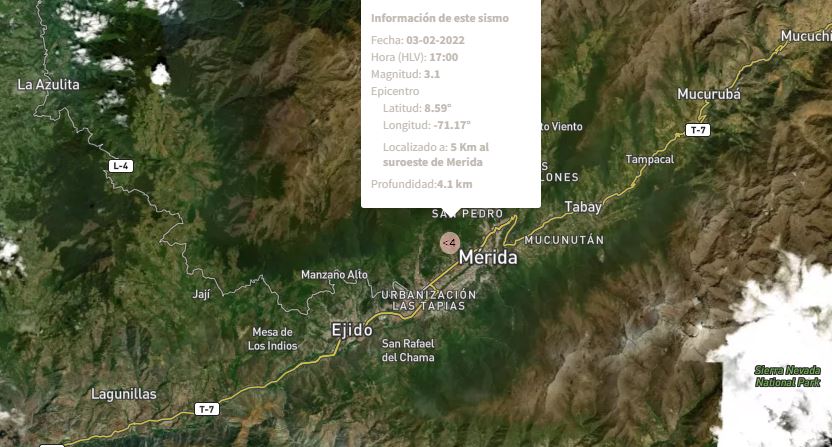 Sismo de magnitud 3,1 se registró al suroeste de Mérida este #3Feb