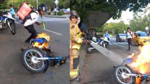 EN VIDEO: Delivery en Colombia quemó su moto para evitar infracción
