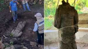 Encuentran la escultura de un guerrero decapitado en un tramo de la ruta del Tren Maya en México